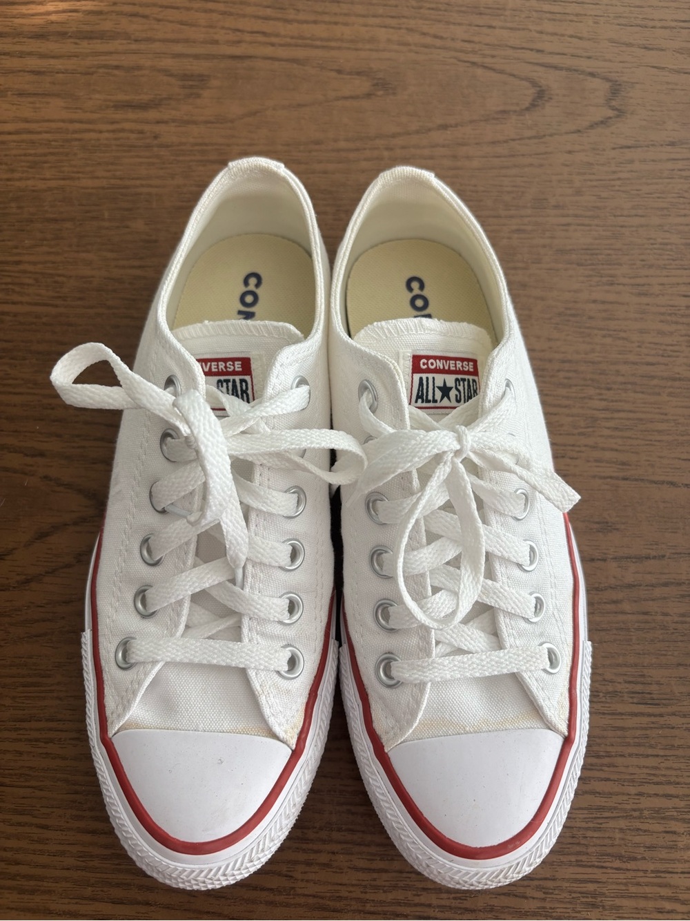Converse White Low Top Sneakers with Red & Black Trim - Picture 2 of 6